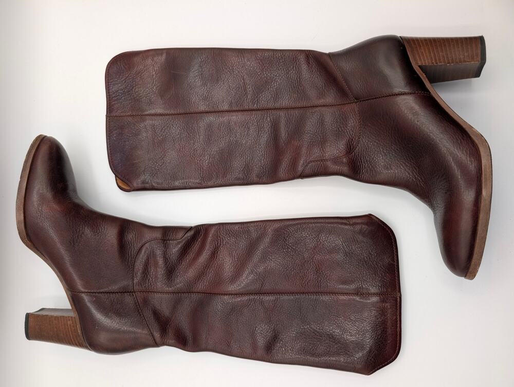Frye June Tall Brown Leather Boots Womens 7.5 M Stacked Heel Pull On Italy